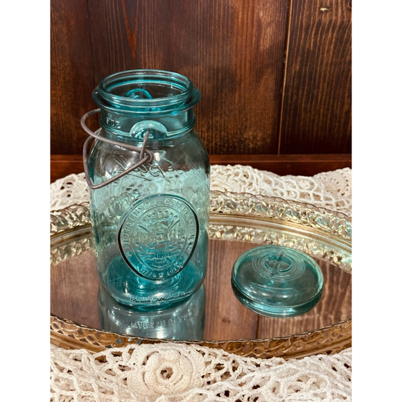 Vintage Ball Ideal Aqua Blue Glass Jar Bicentennial 1776-1976 Wire Bail Lid - Picture 4 of 10